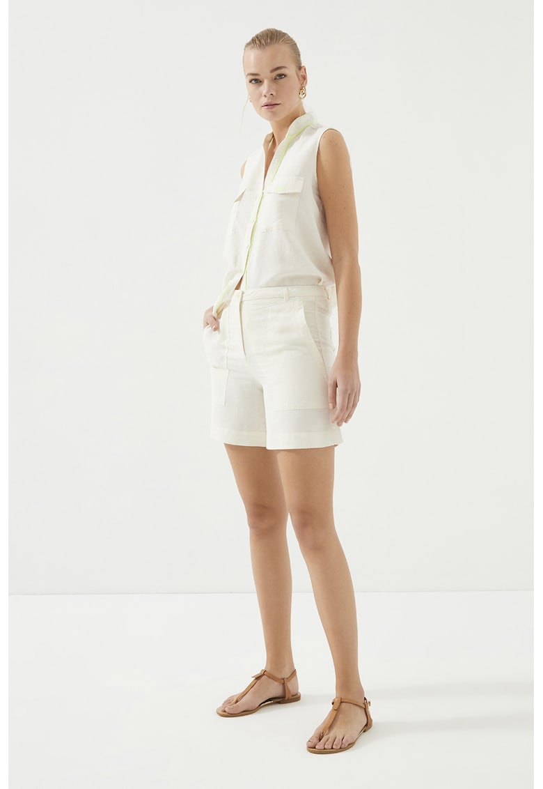 Pantaloni scurti din in cu model uni - Alb fildes