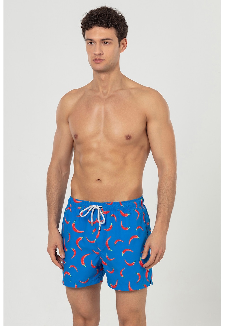 Pantaloni scurti de baie cu buzunare si model - Albastru royal/Rosu vermillion/Verde lime
