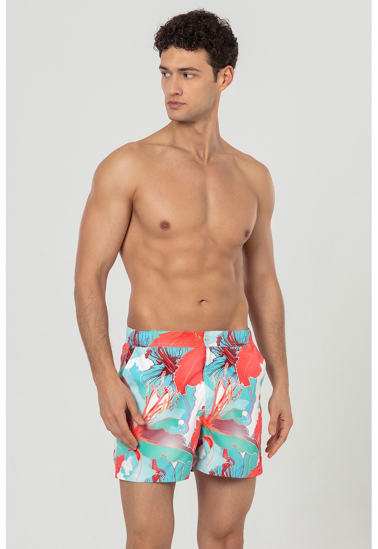 Pantaloni scurti de baie cu buzunare laterale - Coral/Albastru glaciar/Verde persan