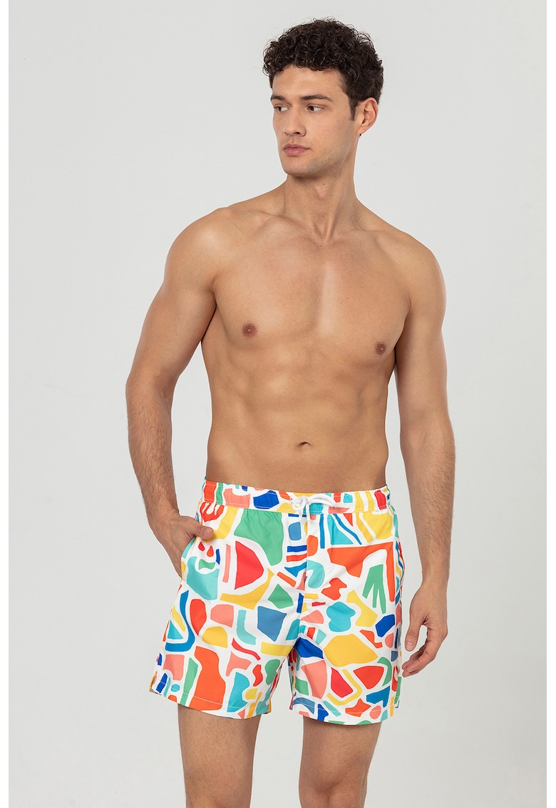 Pantaloni scurti de baie cu buzunare si snur - Rosu/Galben/Albastru