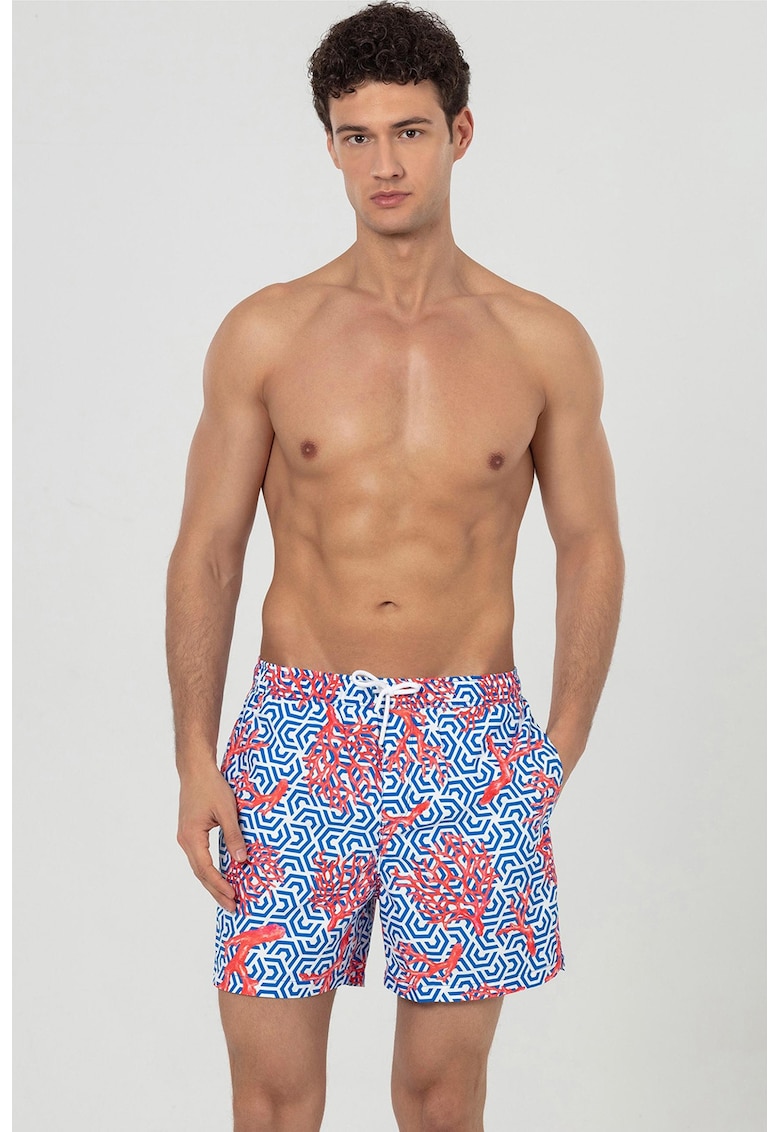 Pantaloni scurti de baie cu buzunare si snur - Albastru inchis/Coral/Alb optic