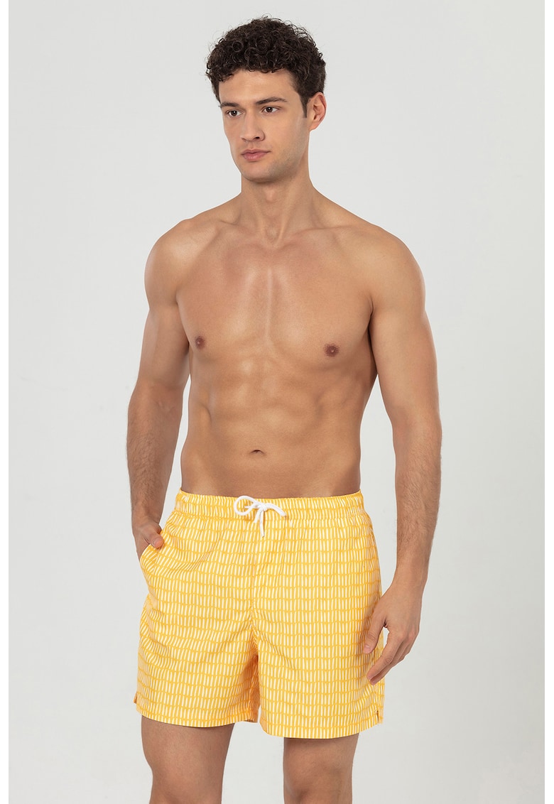 Pantaloni scurti de baie cu buzunare si snur - Alb/Galben sofran