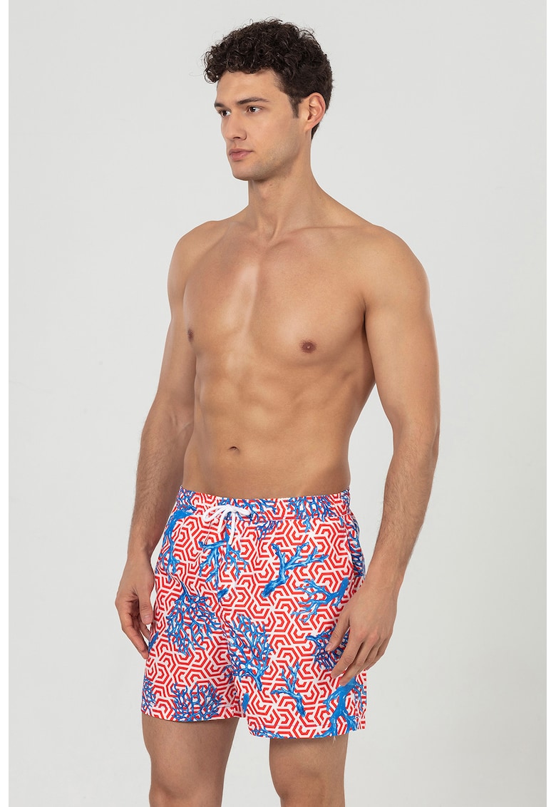 Pantaloni scurti de baie cu buzunare si snur - Albastru inchis/Alb optic/Rosu vermillion