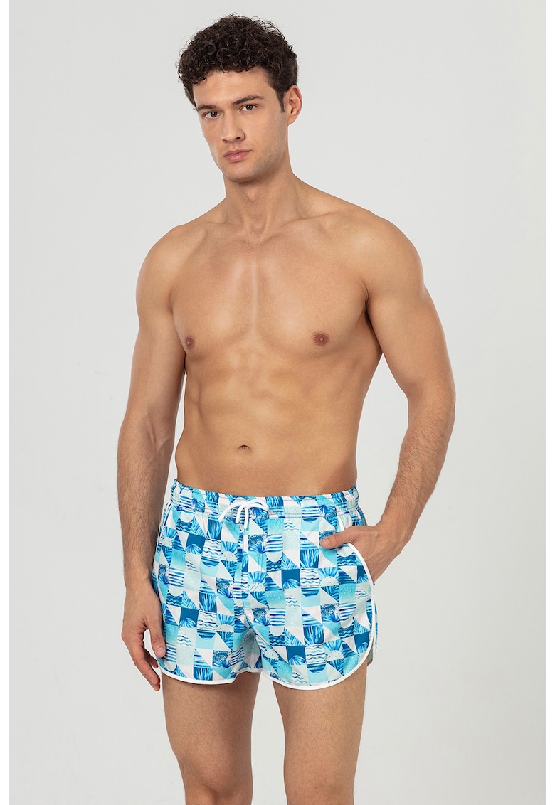 Pantaloni scurti de baie cu buzunare - Albastru inchis/Turcoaz/Alb optic