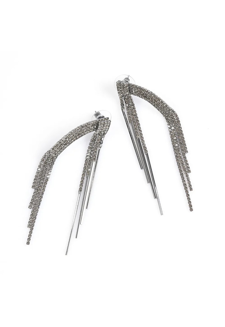 Cercei lungi argintii cu strasuri si franjuri metalici