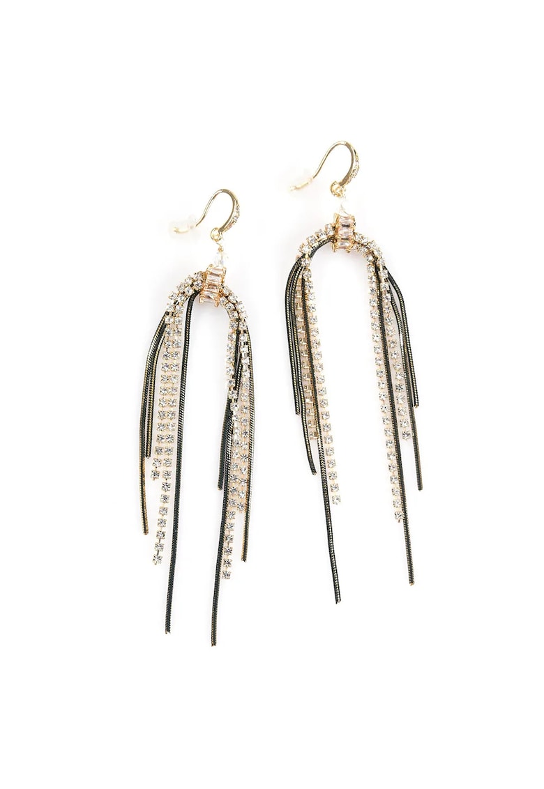 Cercei lungi cu strasuri - lanturi negre si detalii aurii