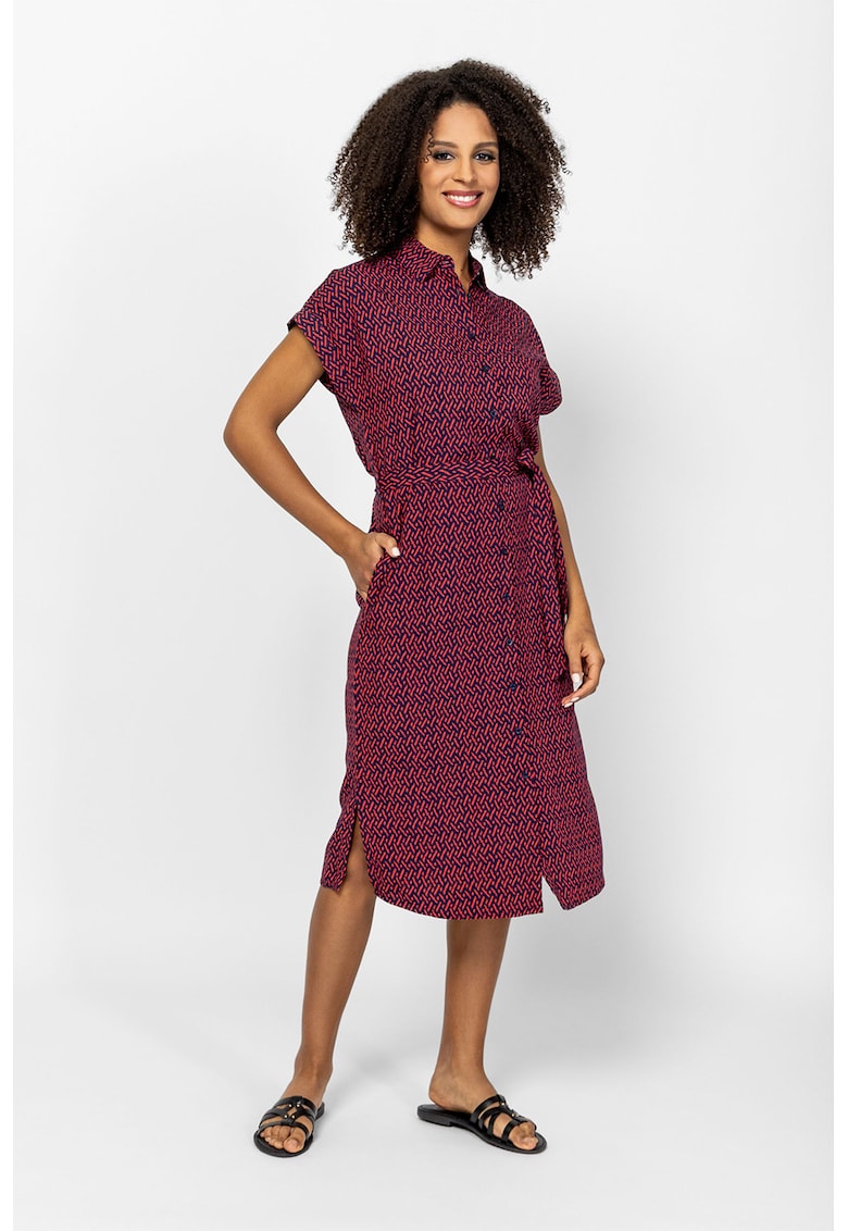 Rochie midi cu nasturi si buzunare Vaelina - Rosu inchis/Bleumarin
