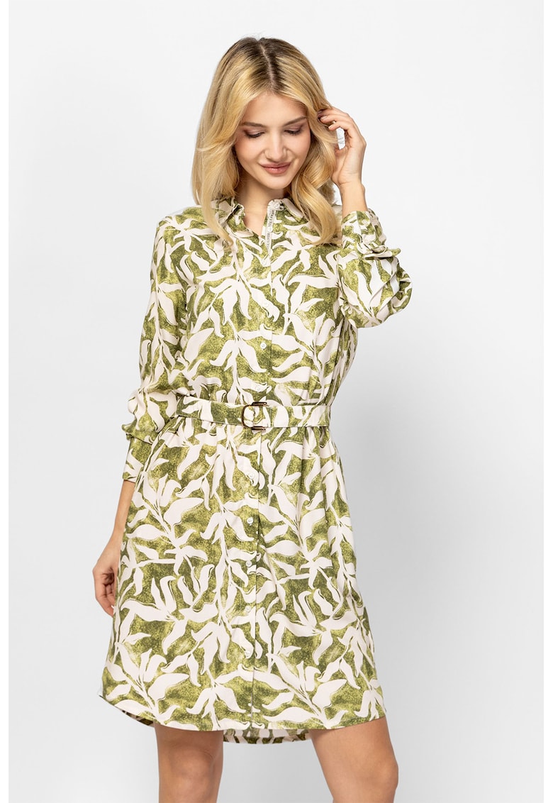 Rochie-camasa cu o curea in talie Varonna - Verde deschis/Alb murdar