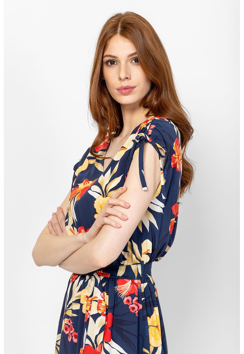 Rochie midi cu decolteu in V si imprimeu floral Veltica - Galben/Portocaliu/Bleumarin