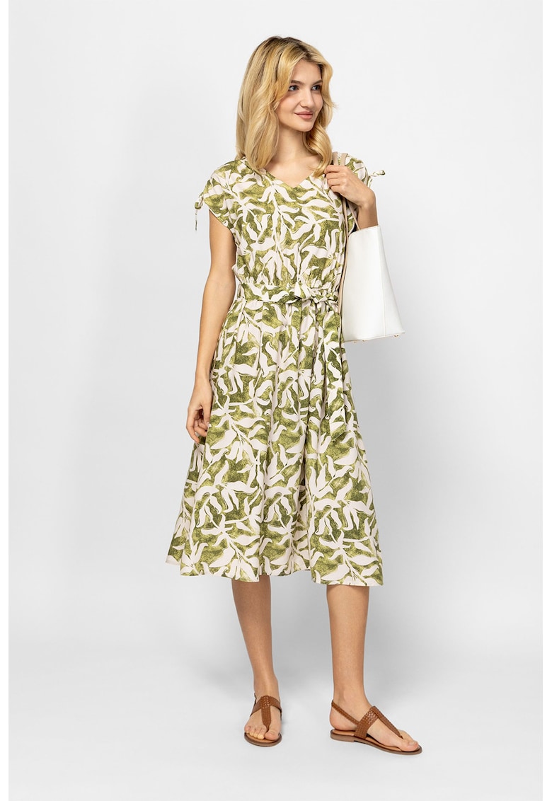 Rochie midi cu decolteu in V si imprimeu floral Veltica - Verde deschis/Alb murdar