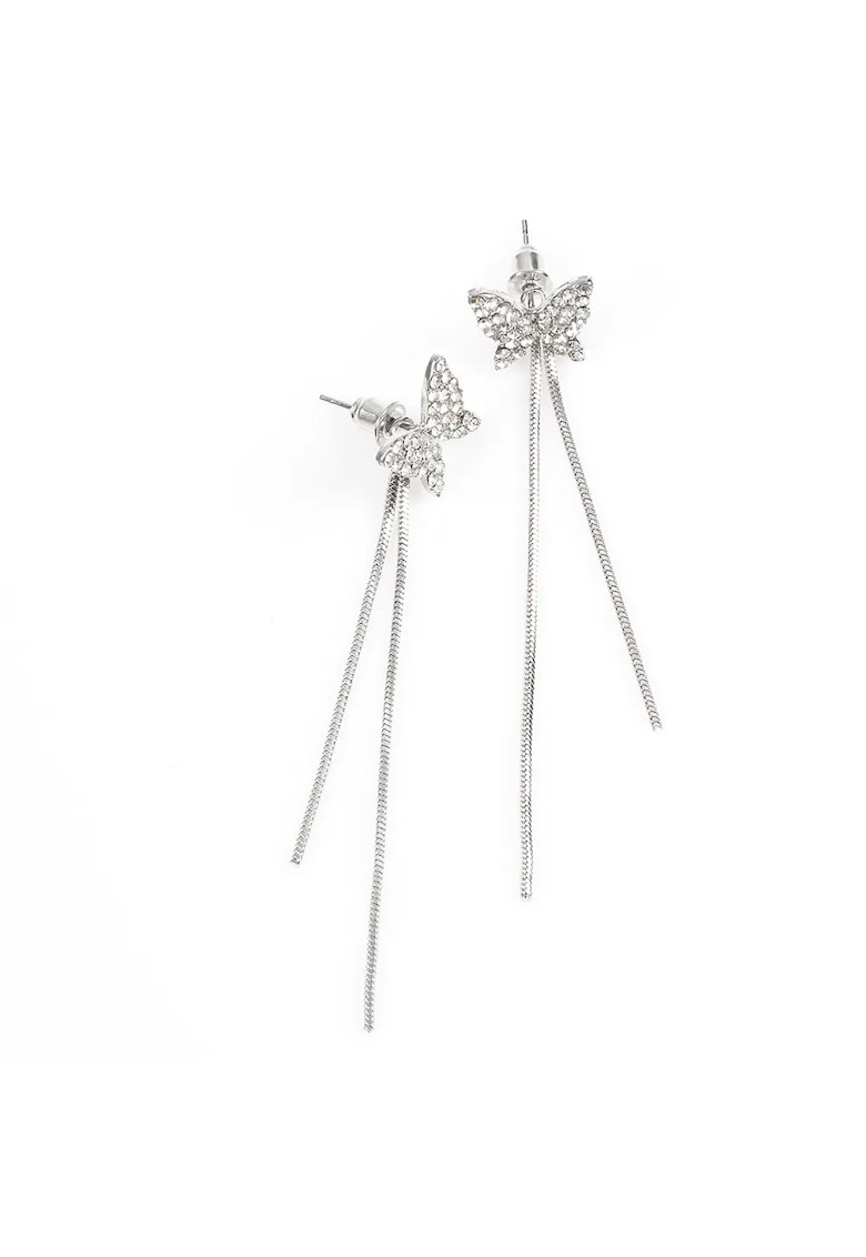 Cercei argintii lungi fluture cu strasuri si lanturi