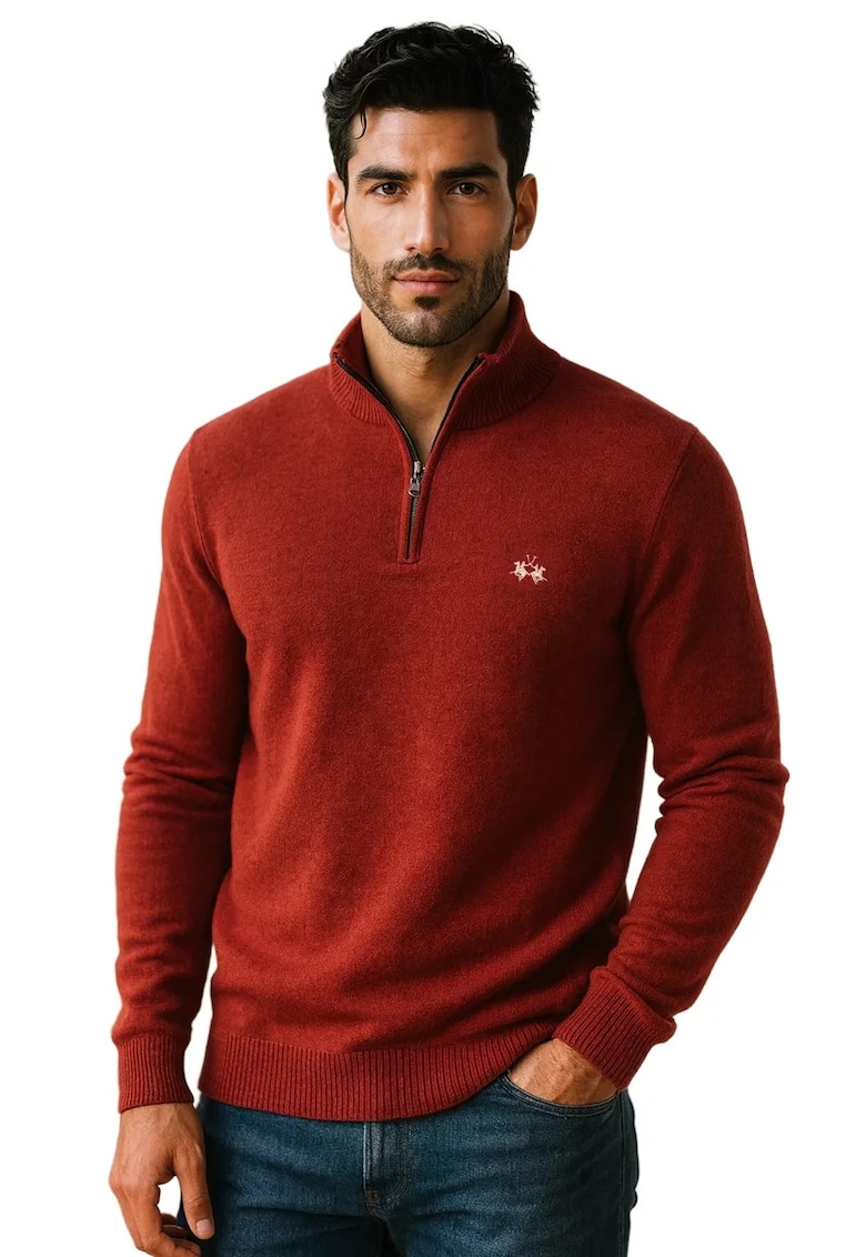 Pulover tricotat fin - cu fenta cu fermoar - Rosu