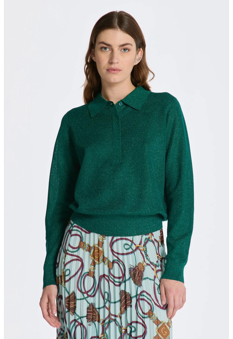 Pulover din tricot fin cu guler polo - Verde