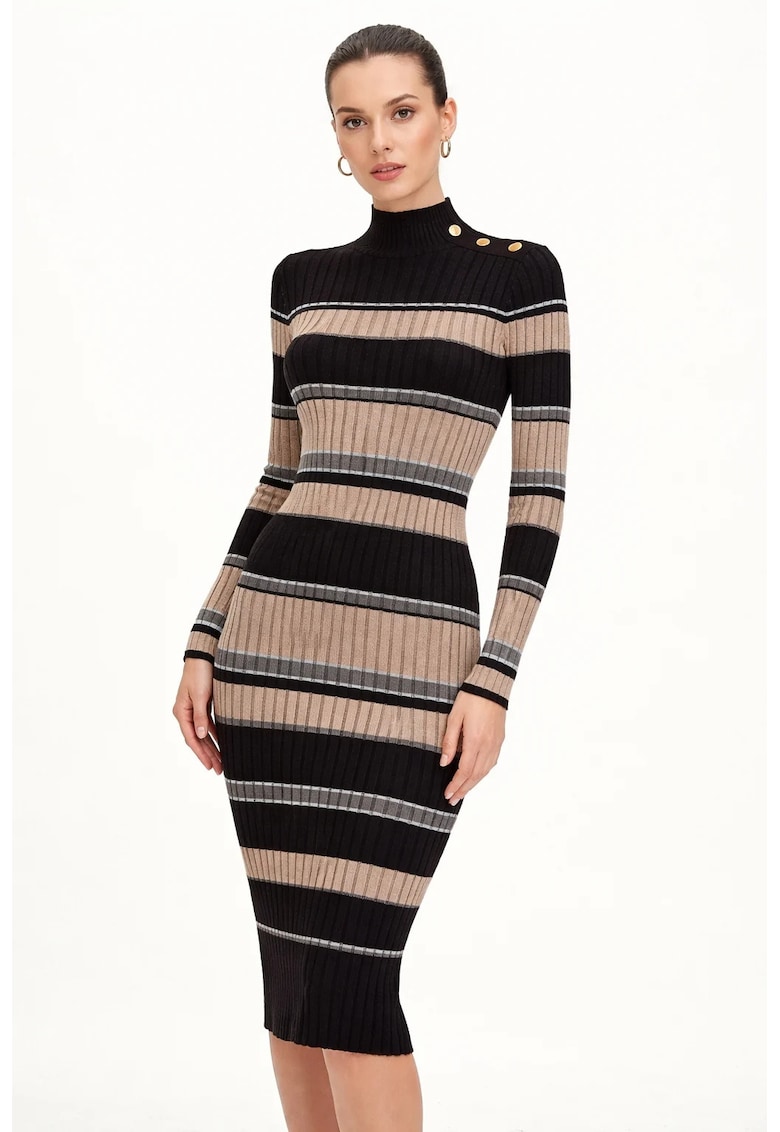 Rochie Bodycon Midi Q4RK02 Negru | Bej