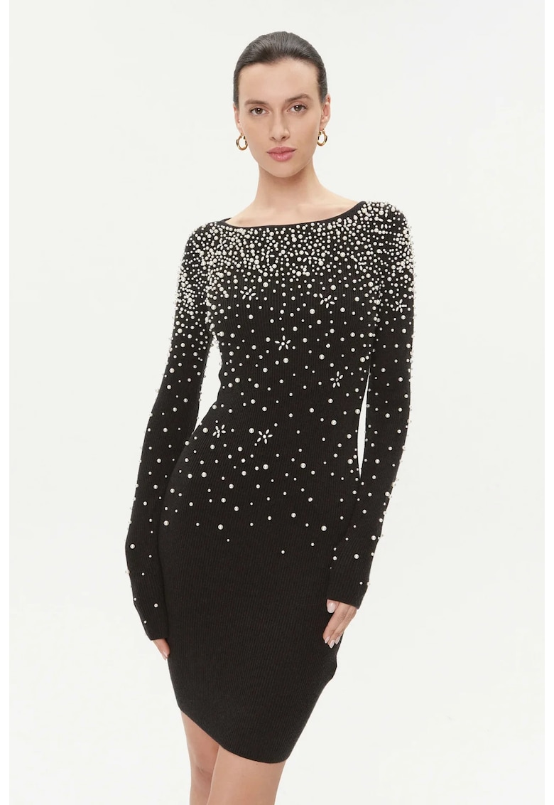 Rochie mini din tricou cu aplicatii cu strasuri - Negru