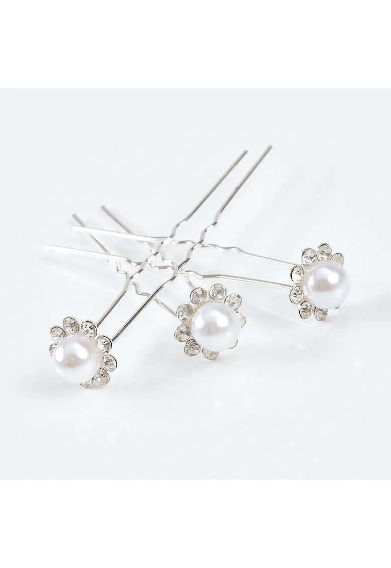 Set 3 ace coc flori si perle albe - alb - argintiu