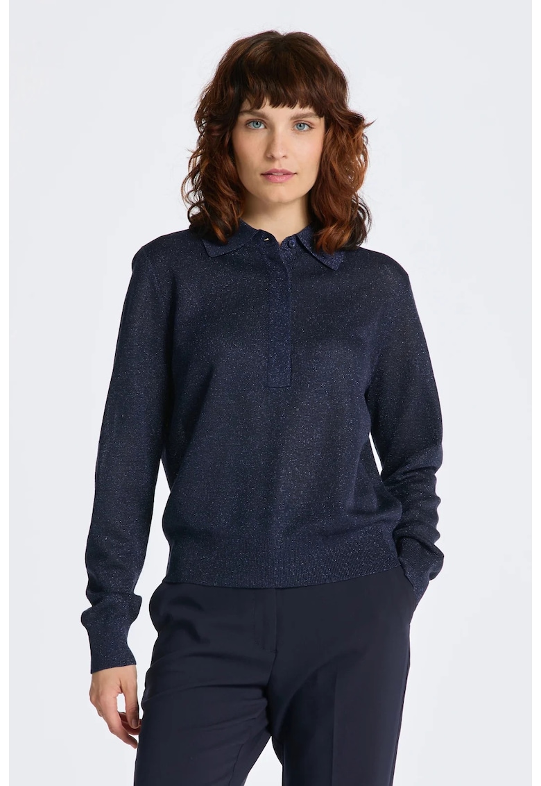 Pulover din tricot fin cu guler polo - Albastru