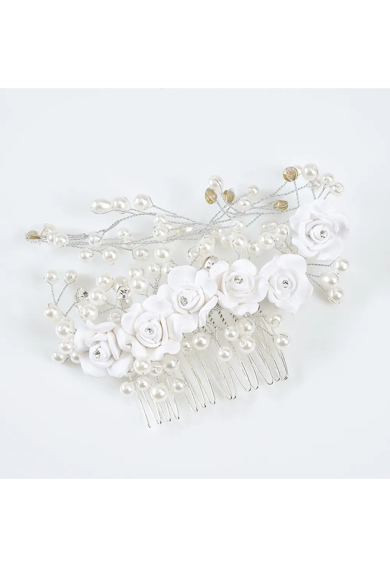 Pieptan argintiu cu trandafiri albi si crengute cu perle