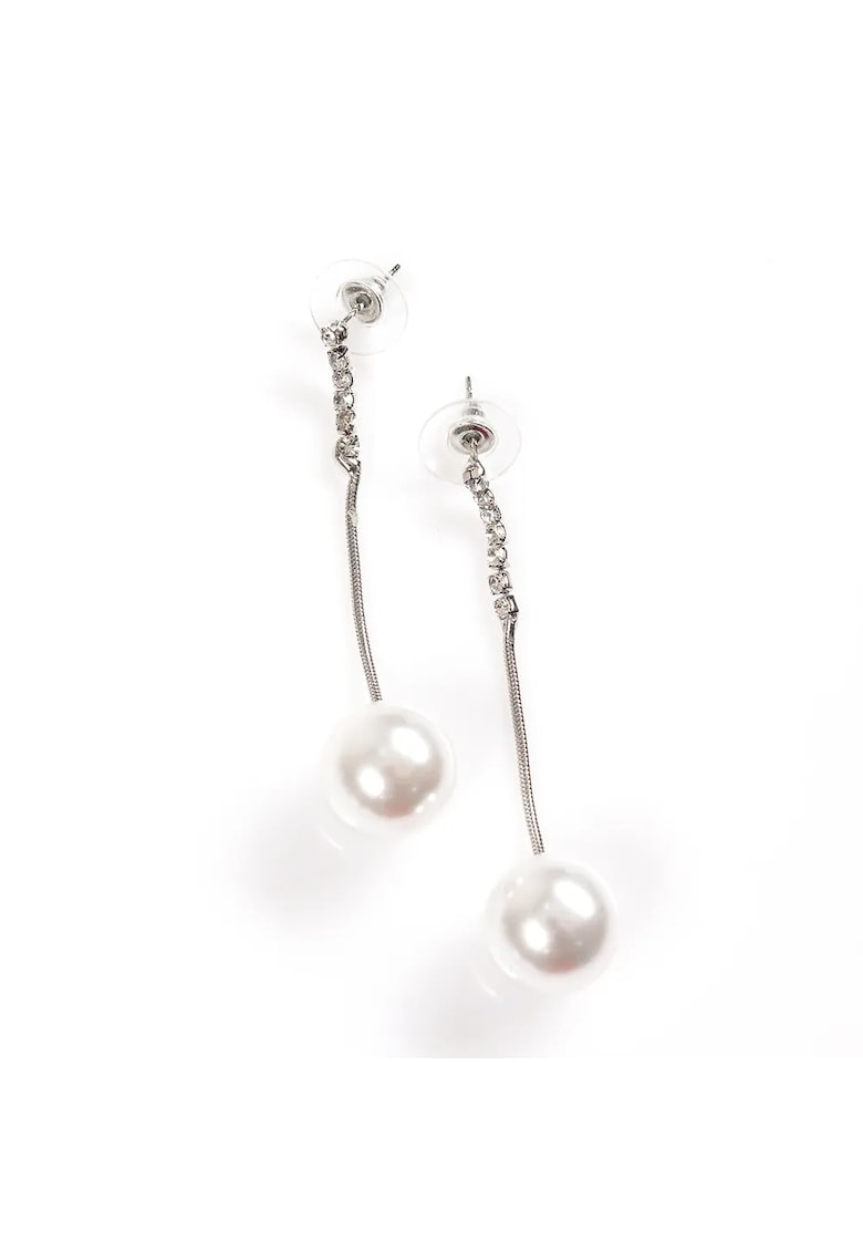 Cercei lungi argintii cu perla alba