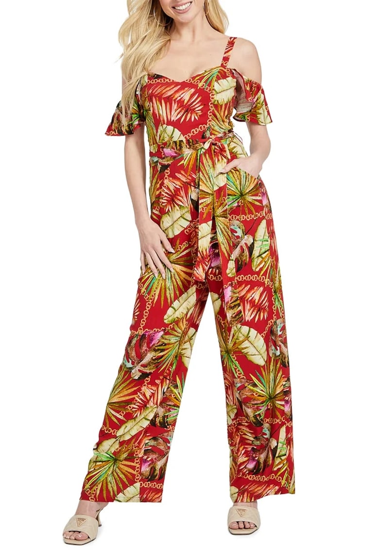 Salopeta cu imprimeu tropical si croiala wide leg - Multicolor