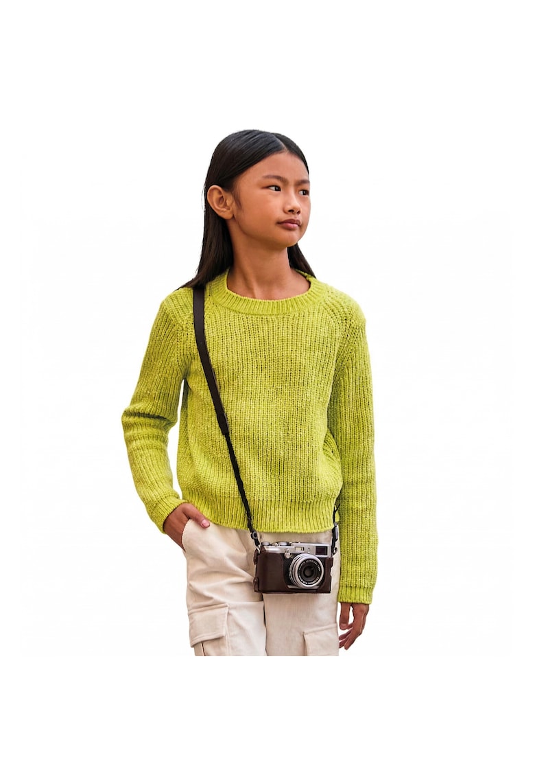 Pulover Fete din Tricot cu Aspect de Catifea (Chenille) si Decupaj la Spate - Verde Lime