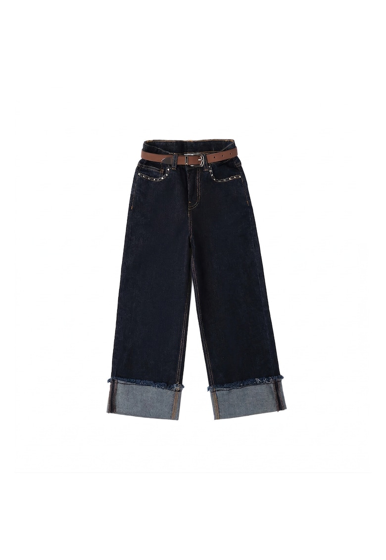 Blugi Fete Wide Fit din Denim Elastic cu Tinte - Curea Inclusa si Talie Reglabila - Albastru Inchis