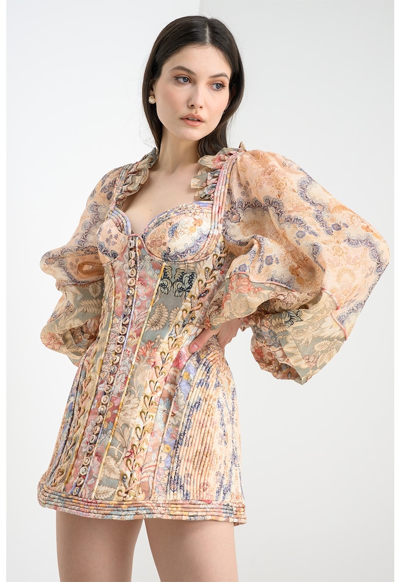 Rochie mini din in cu maneci bufante - Multicolor