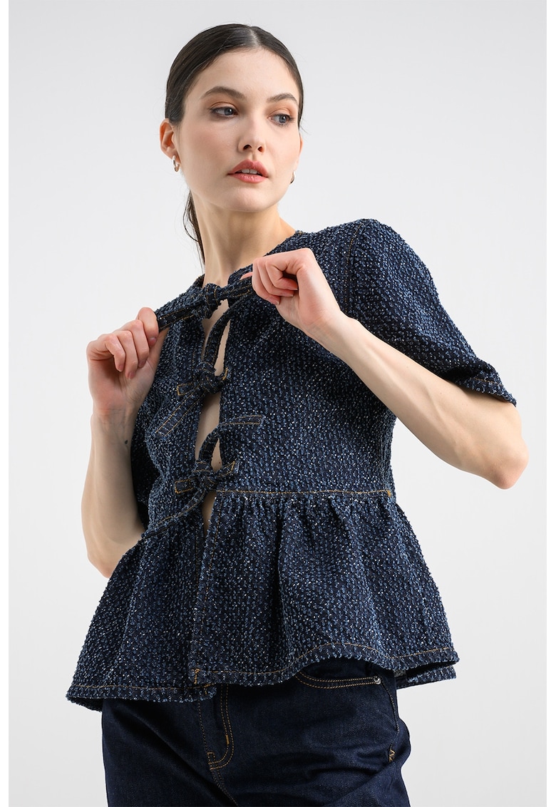 Bluza texturata cu maneci bufante - Bleumarin