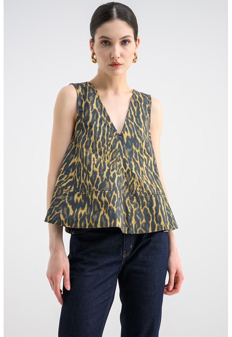 Bluza cu decolteu in V si model animal print - Galben/Verde inchis