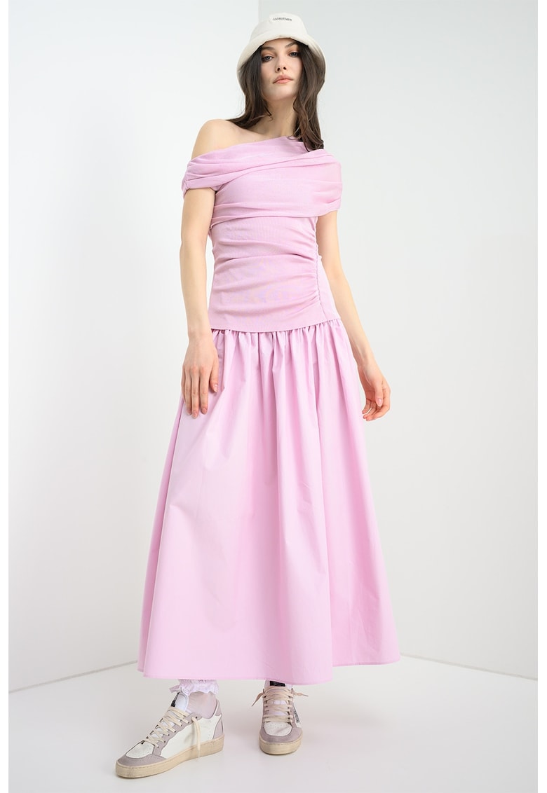 Rochie cu decolteu pe un umar si aspect drapat - Roz