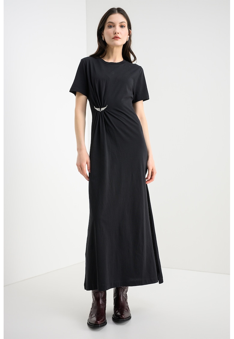 Rochie lunga cu slit lateral si brosa Raja - Negru