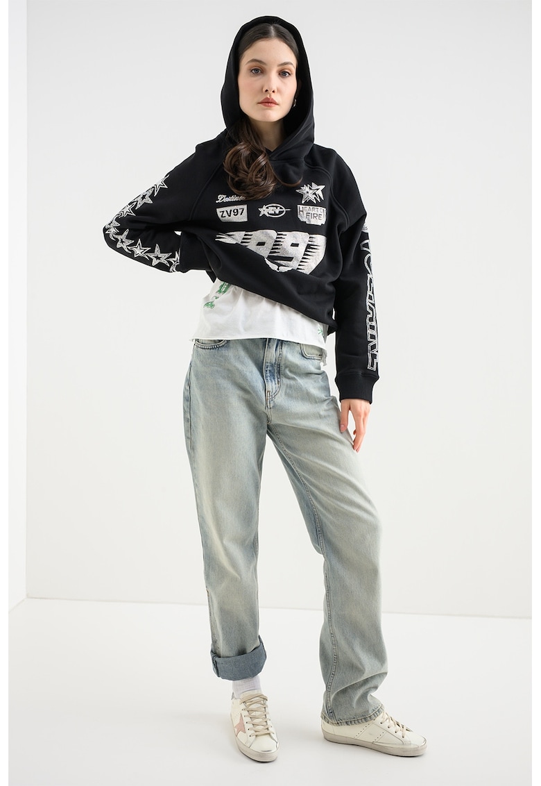 Hanorac din bumbac cu elemente cu strasuri Georgys - Negru/Argintiu