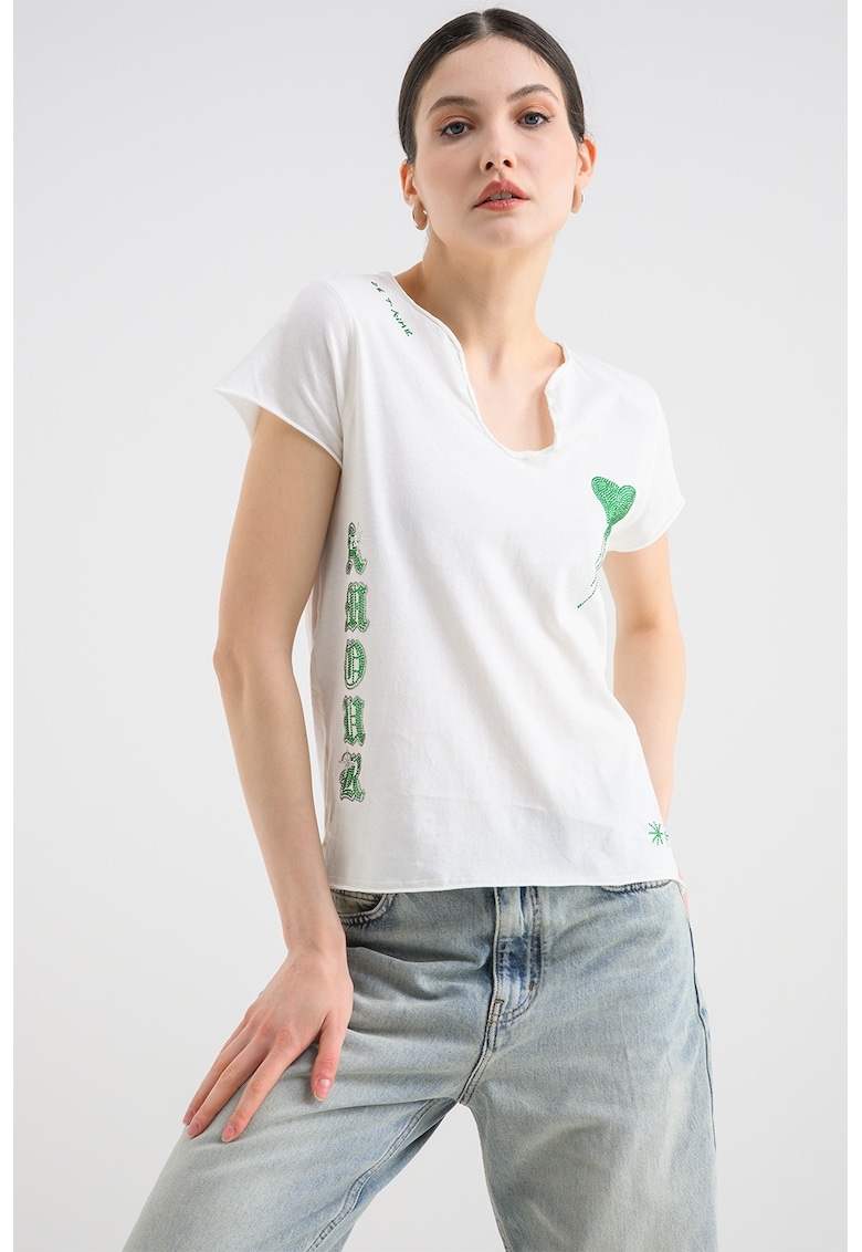 Tricou cu elemente cu strasuri Tunisien - Alb/Verde