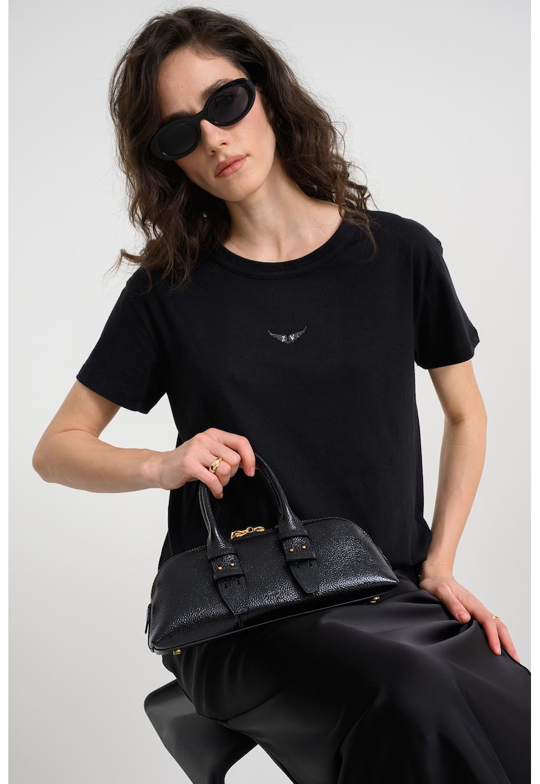 Tricou cu decolteu rotund si logo cu strasuri Marta - Negru