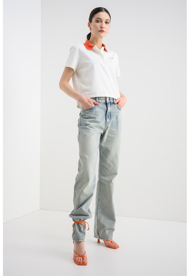 Tricou polo crop Mirta - Alb/Portocaliu