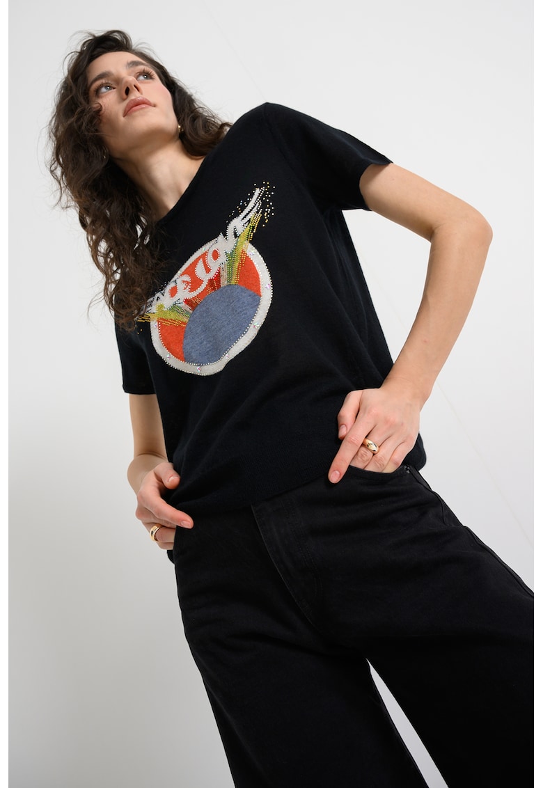 Tricou din casmir cu strasuri Idal - Negru