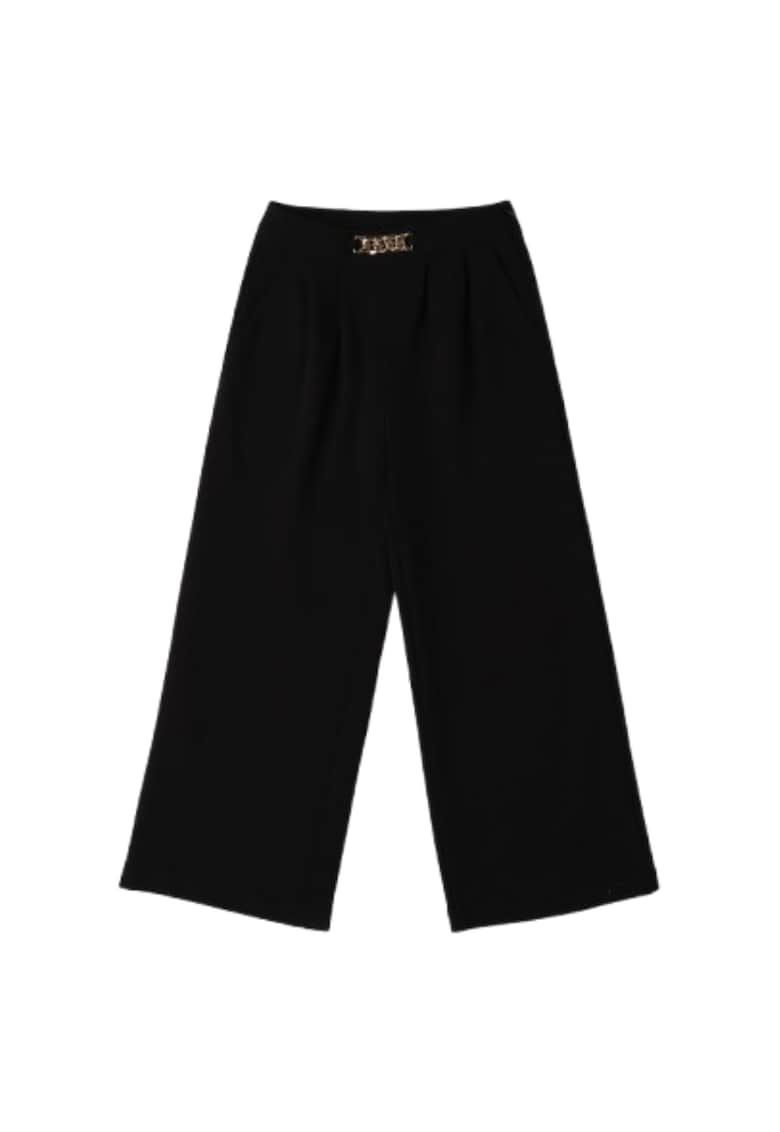 Pantaloni fete iDO eleganti din tricot crep cu detaliu lant - Negru