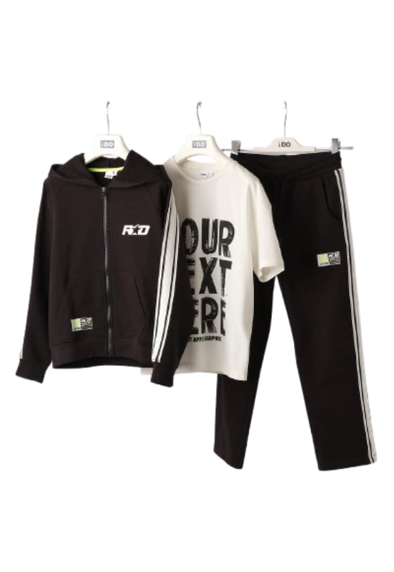 Trening baieti iDO 3 piese din bumbac fleece cu tricou imprimat - Negru - Alb