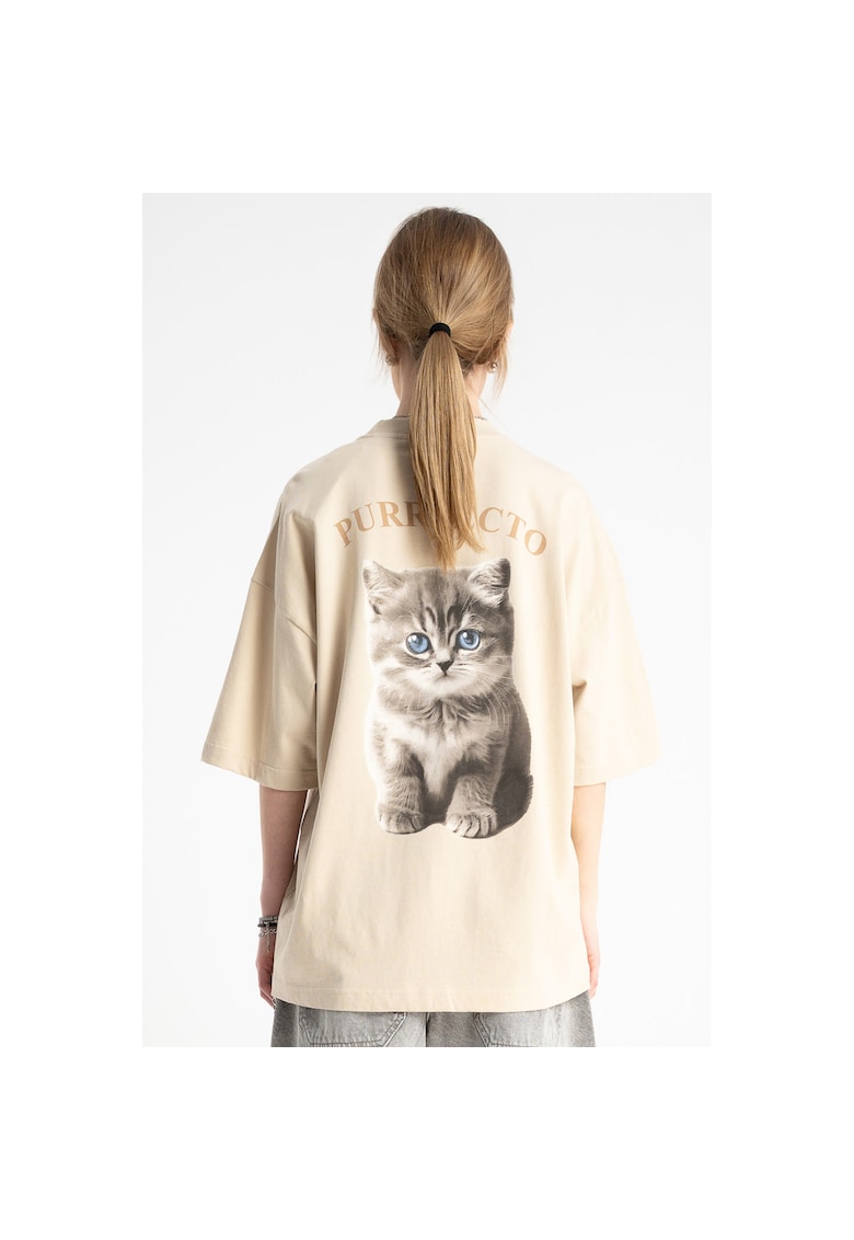 Tricou supradimensionat cu imprimeu cu pisica pe spate