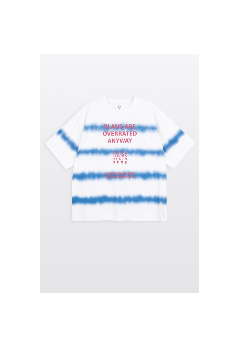 Tricou din bumbac cu model cu dungi si text imprimat