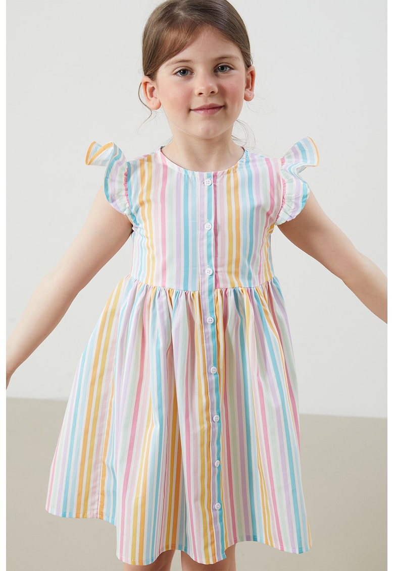 Rochie din bumbac cu model in dungi si maneci cu volane - Roz/Albastru