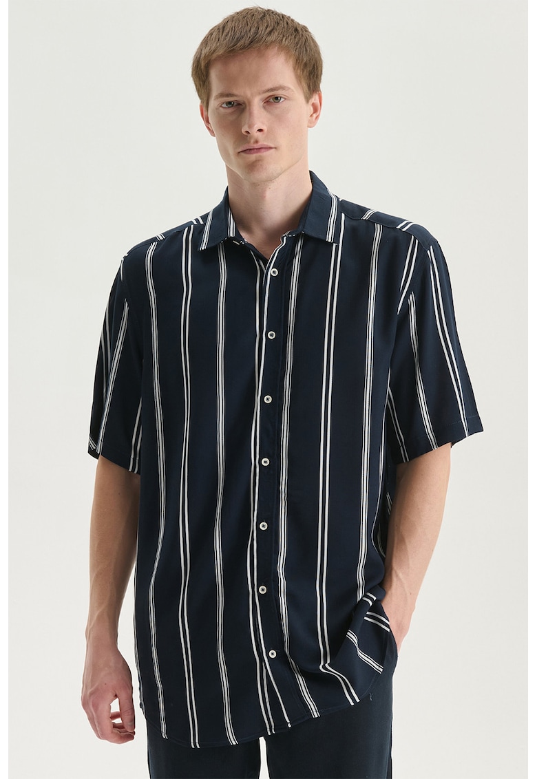 Camasa lejera cu model in dungi si maneci scurte - Alb/Albastru ultramarin