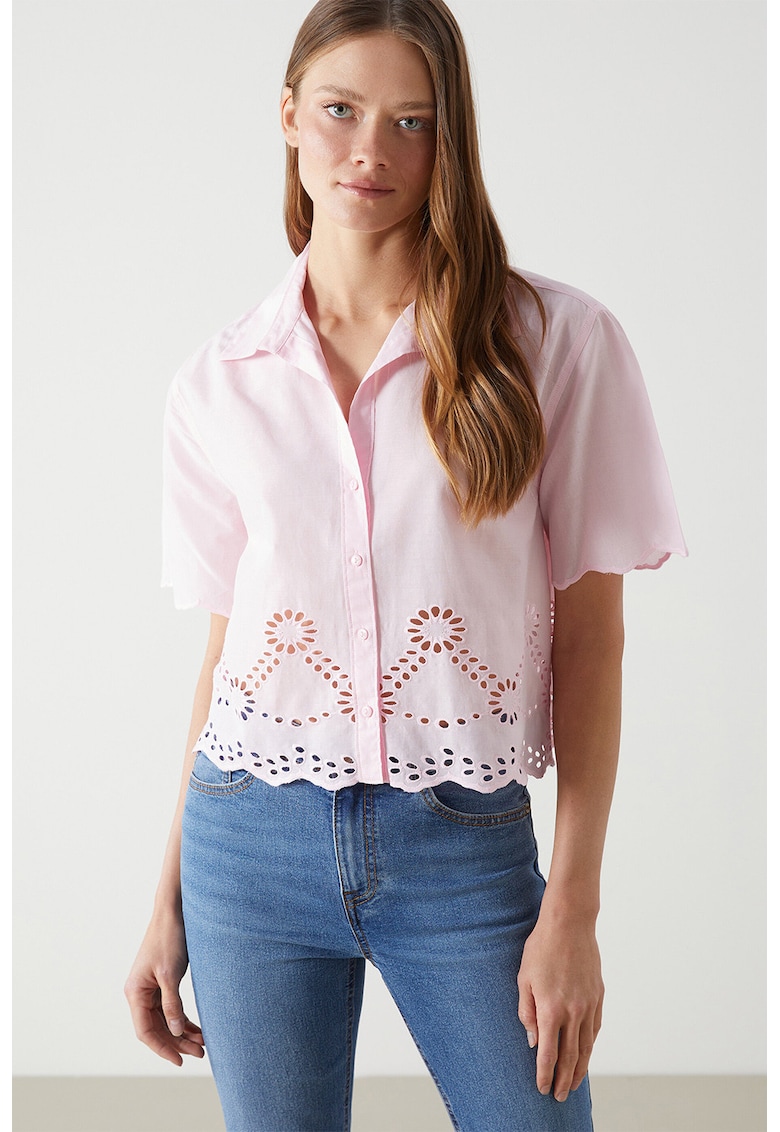Camasa crop cu maneci scurte si model cu perforatii - Roz pastel