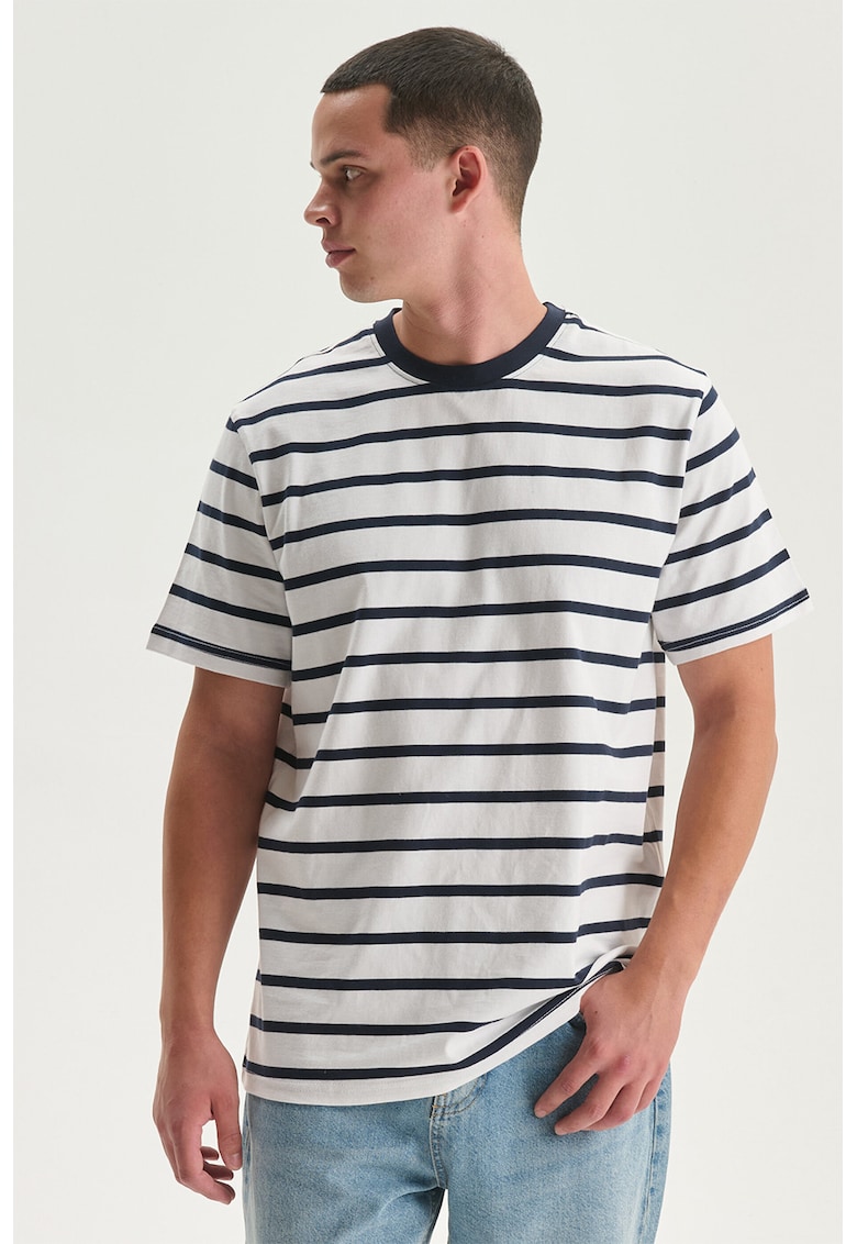 Tricou cu decolteu la baza gatului si model in dungi - Negru stins/Alb murdar