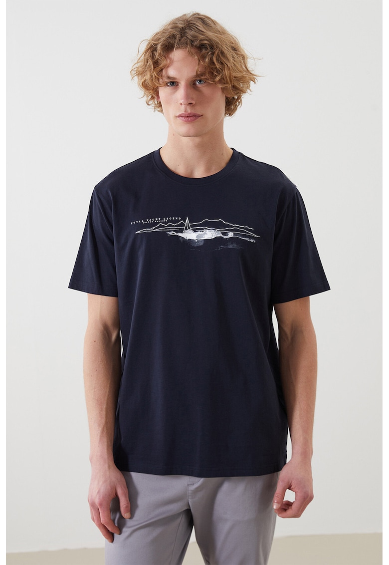 Tricou din bumbac cu decolteu la baza gatului - Alb/Albastru ultramarin