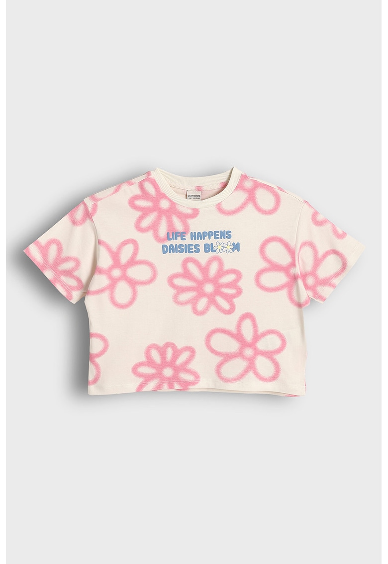 Tricou crop cu imprimeu floral - Roz pastel/Piersica