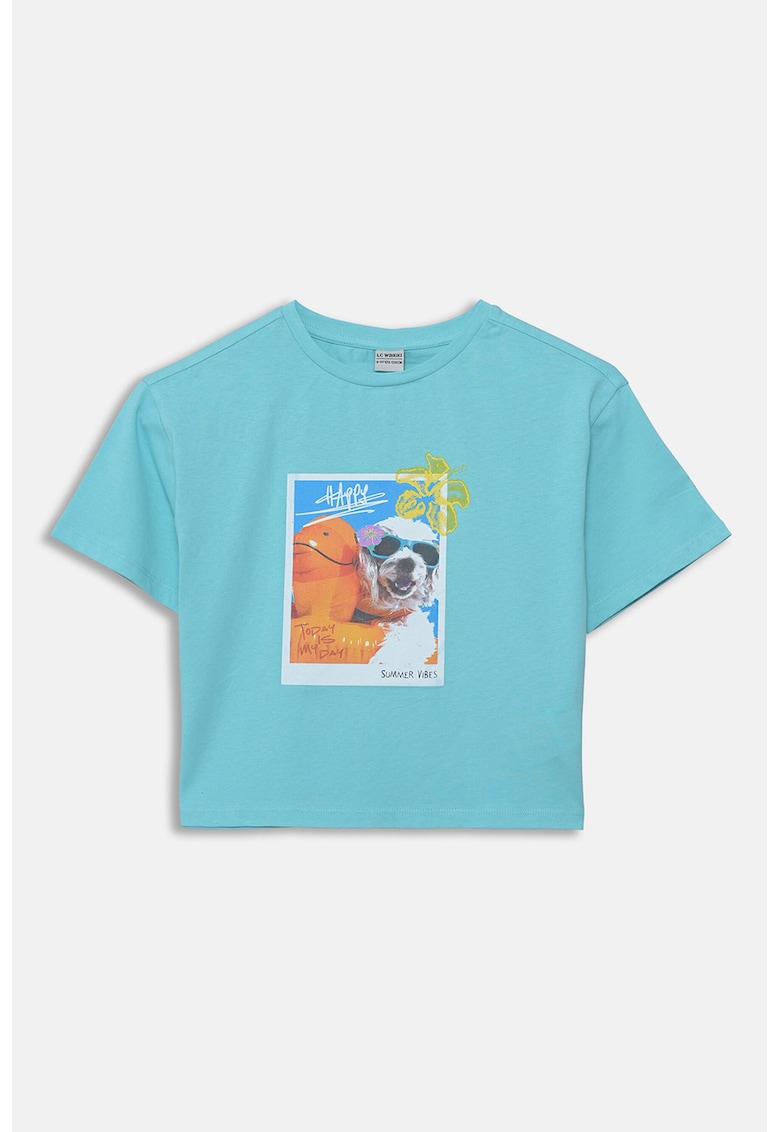 Tricou cu decolteu la baza gatului si imprimeu grafic - Portocaliu/Albastru