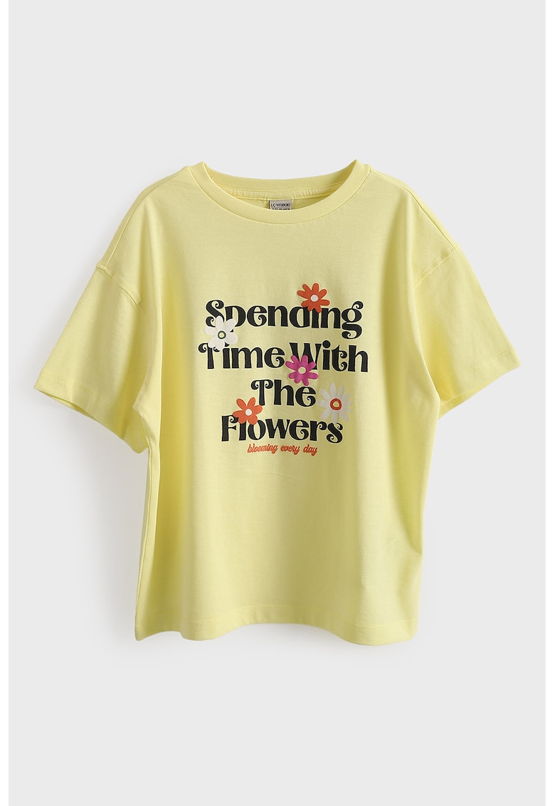 Tricou cu decolteu la baza gatului si imprimeu text - Galben pal