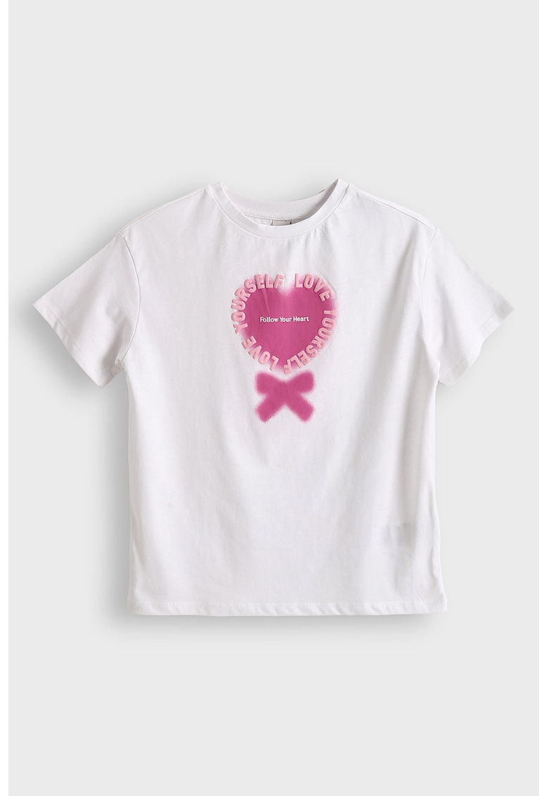 Tricou cu decolteu la baza gatului si model grafic - Alb/Roz