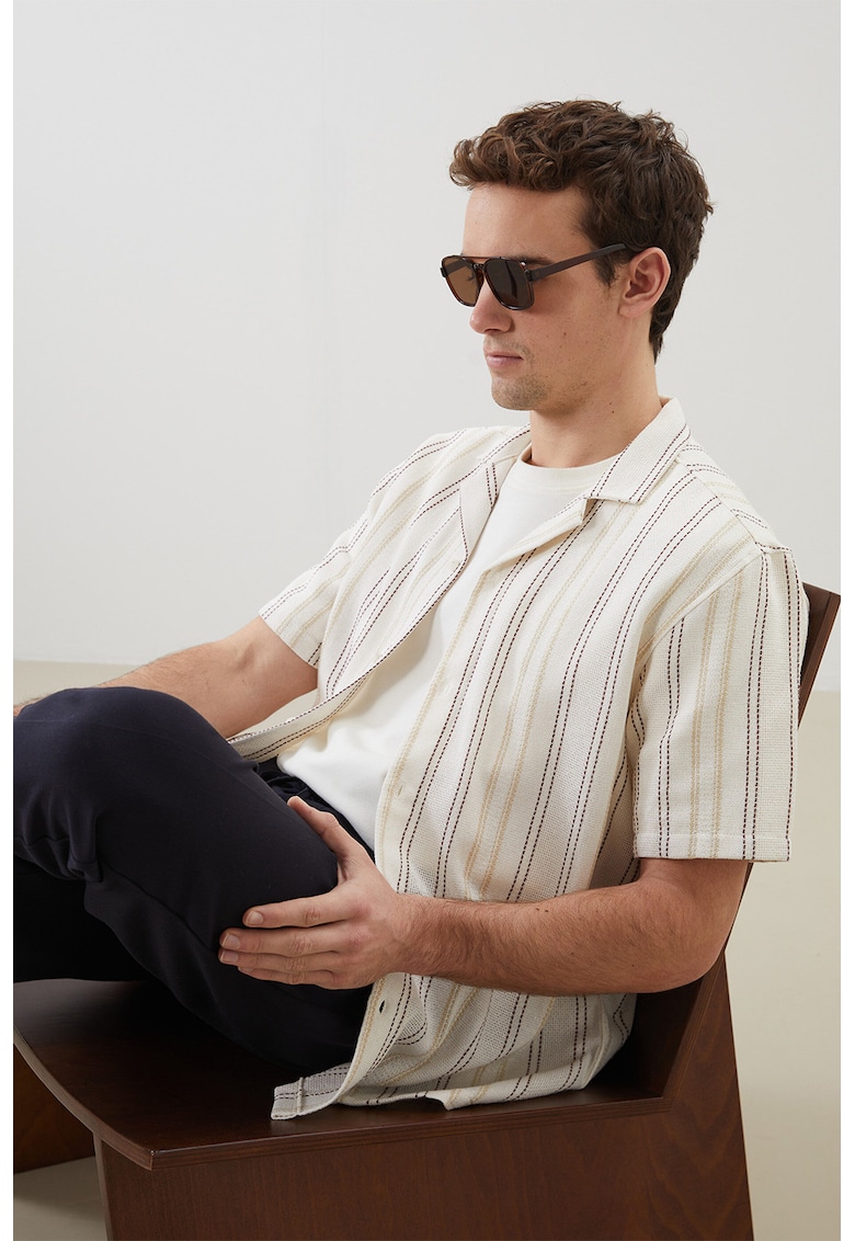 Camasa cu maneci scurte si dungi - Alb fildes